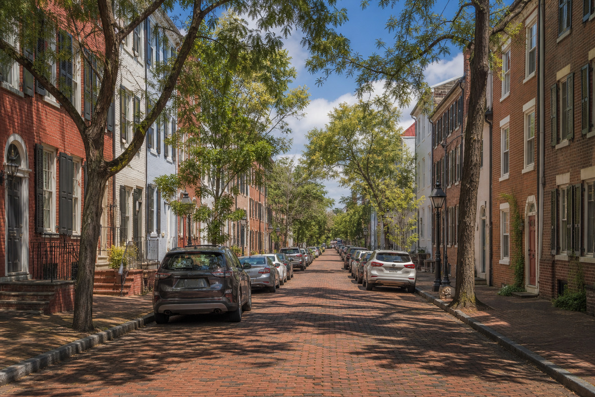 A brick townhouse street in Old Town Alexandria with mature street trees and cars parked along both curbs